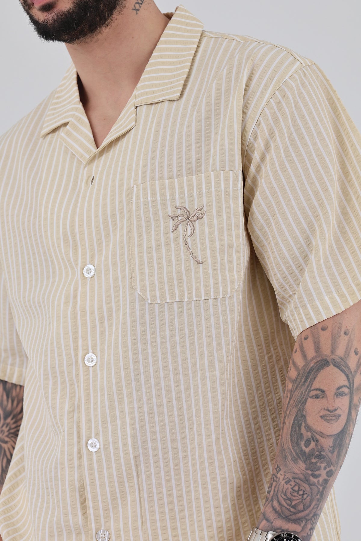 Kemishe striped cuban collar